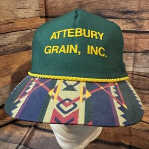 Vintage Atterbury Grain Inc Trucker Hat Aztec Brim Rope Snapback 90s Green Gold